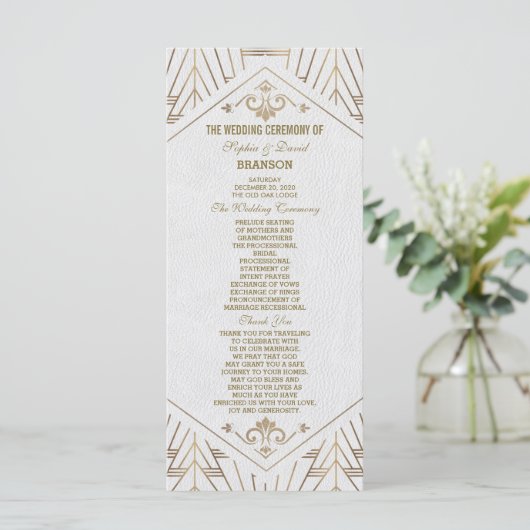 Royal White Gold Great Gatsby Wedding Program Programm (Stehend Vorderseite)