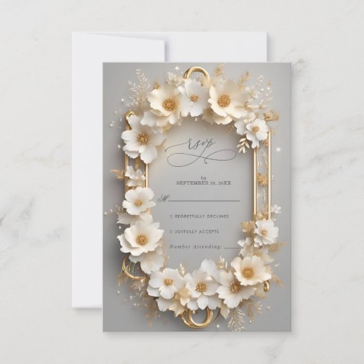Royal White Roses Bloral Crown Wedding RSVP Karte (Vorderseite)