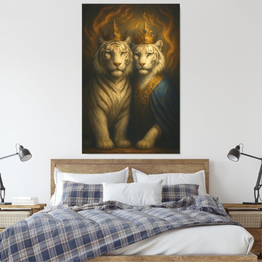 Royal White Tiger Couple – Flaming Crown Edition | Leinwanddruck (Insitu (Schlafzimmer))
