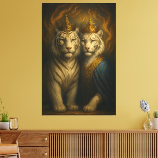 Royal White Tiger Couple – Flaming Crown Edition | Leinwanddruck (Insitu (Wohnzimmer))
