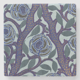 Royalblaue und goldene Art Deco-Rosen-Blumen-Dekor Steinuntersetzer