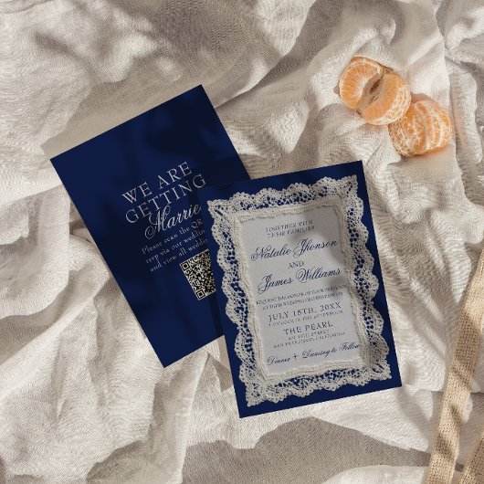 Royale Blaues Spitzen-Altes-Geld-Doily-QR-Code-Hoc Einladung