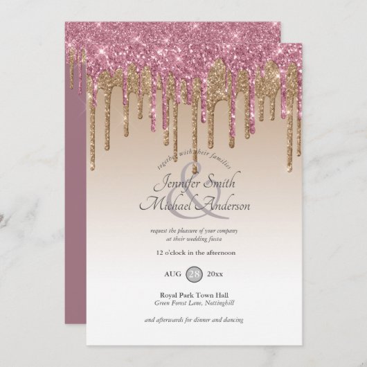 RoyalElegance PINK GOLD Dripping Glitzer Wedding Einladung (Vorne/Hinten)