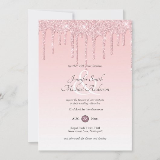 RoyalElegance PINK ROSE GOLD Glitzer Tropfen Weddi Einladung (Vorderseite)