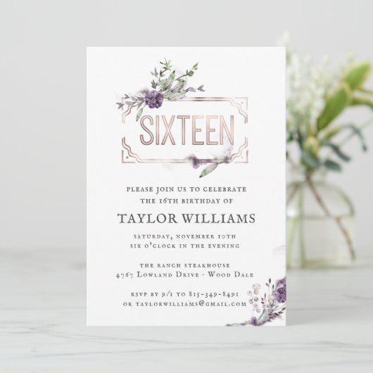 Royalviolett | Verzierte Blütenfolie zum Geburtsta Einladung (Stehend Vorderseite)