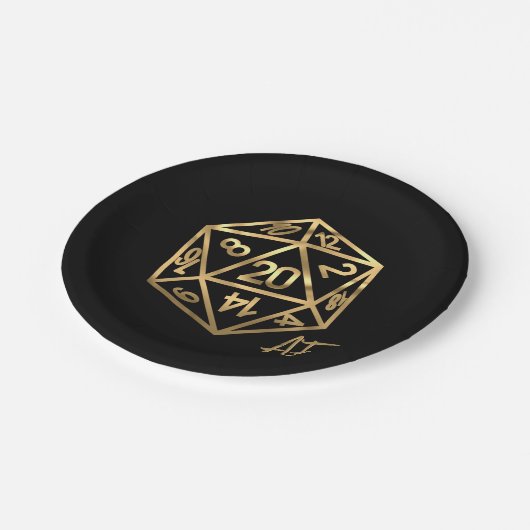 RPG Crit AF | Gold Fantasy Tabletop Gamer Dice Pappteller (Schrägansicht)