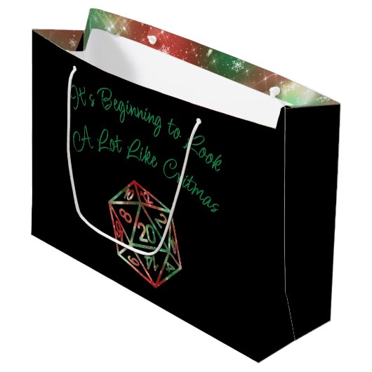 RPG Critmas | Neon Green Tabletop PnP Gamer Dice Große Geschenktüte (Vorderseite Schrägansicht)