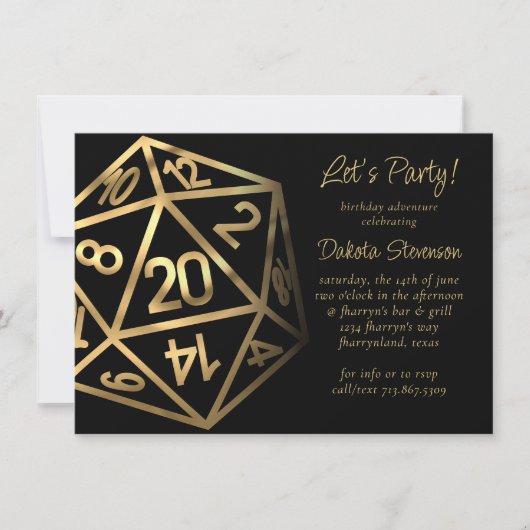 RPG Dice | Gold Fantasy Tabletop PnP Gamer Party Einladung (Vorderseite)