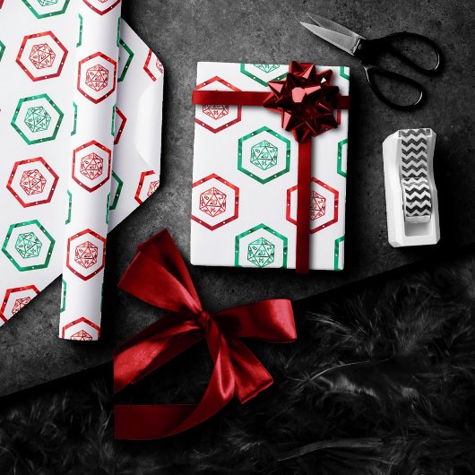 RPG Dice | Red and Green Christmas Fantasy Gamer Geschenkpapier