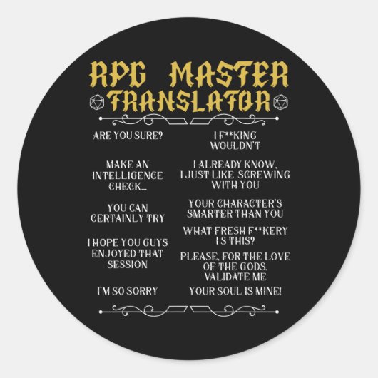 Rpg Master Übersetzer D20 Tabletop Spiele Lustiger Runder Aufkleber (Vorderseite)