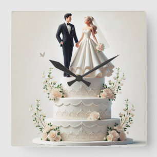 Rromantische Hochzeitstorte Quadratische Wanduhr