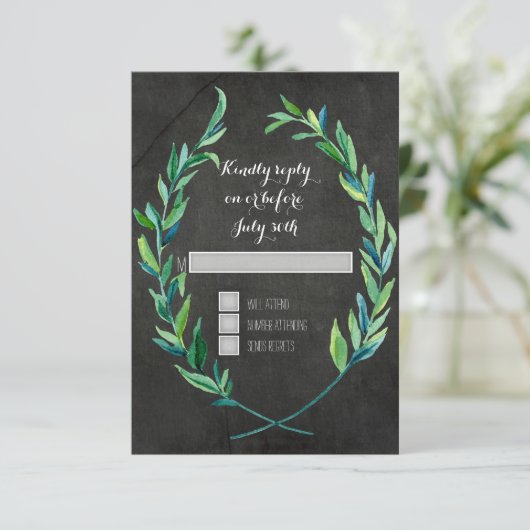 RSVP 4 Square Wreath Olive Leaf Branch Chalkboard Karte (Stehend Vorderseite)