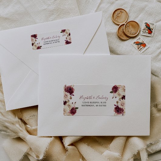RSVP-Adresse von Burgundy Cream Floral Wedding Adressaufkleber