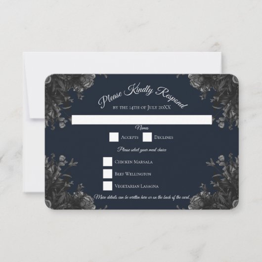 RSVP-Antwort auf die Hochzeit von Navy Blue Black Einladung (Vorderseite)