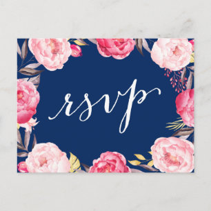 RSVP-Antwort: Rosa Blumenreath Navy Blue Wedding Einladungspostkarte
