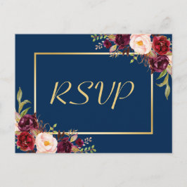 RSVP-Antwort von Burgundy Floral Gold Navy Blue We Einladungspostkarte