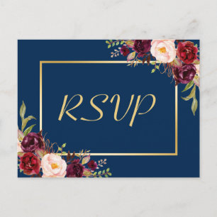 RSVP-Antwort von Burgundy Floral Gold Navy Blue We Einladungspostkarte