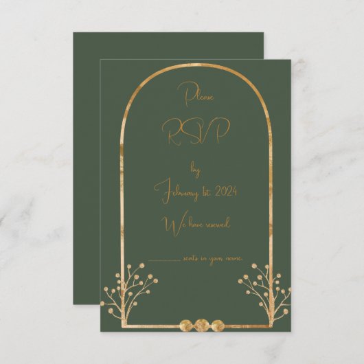 RSVP-Beilage für dunkelgrüne und goldene Hochzeite (Vorne/Hinten)
