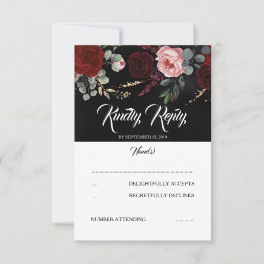 RSVP (Black and Burgundy Red Floral Wedding) Karte (Vorderseite)