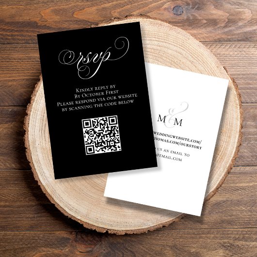 RSVP Black and White QR Code für Hochzeiten Karte