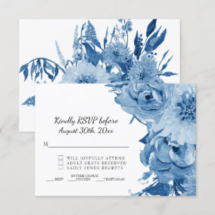 RSVP Blau Weiße Aquarell Moderne Florale Hochzeit Einladung