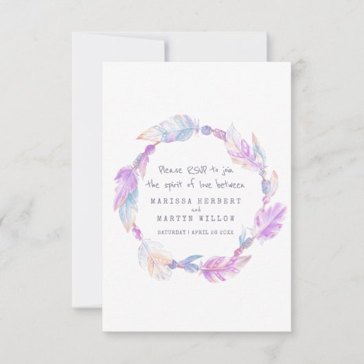 RSVP-Boho zum Hochzeitsfedern lila Stammeskranke RSVP Karte (Vorderseite)