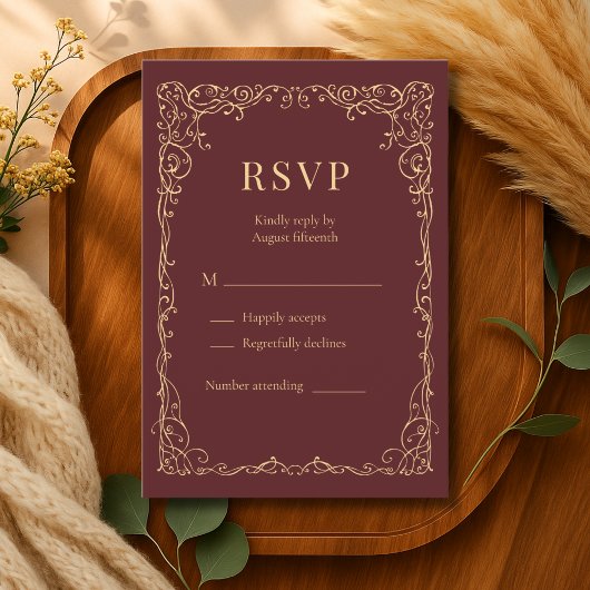 RSVP Burgundy Gold Minimalist Wedding Karte