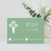 RSVP Card Blumenkreuz Christening Sage Green (Stehend Vorderseite)