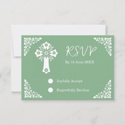 RSVP Card Blumenkreuz Christening Sage Green (Vorderseite)