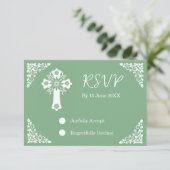 RSVP Card Blumenkreuz Christening Sage Green (Stehend Vorderseite)