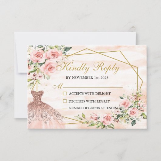 RSVP Card Blush Pink Quinceañera Karte (Vorderseite)