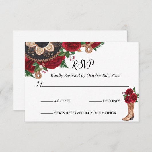 RSVP Card Charra Quinceañera, Rote Rosen Mariachi (Vorne/Hinten)