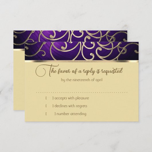 RSVP Card Elegant Lila und Gold Filigree (Vorne/Hinten)