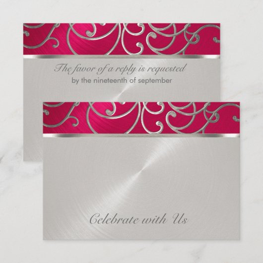 RSVP Card Elegant Magenta Rosa Silver Filigree Einladung (Vorne/Hinten)