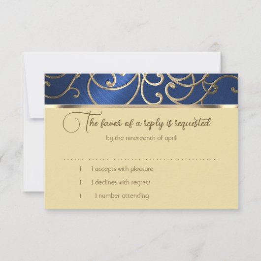 RSVP Card Elegant Navy Blue and Gold Filigree Einladung (Rückseite)