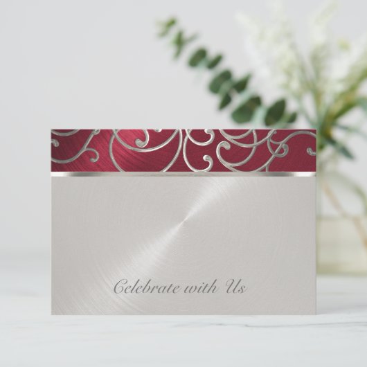 RSVP Card Elegant Rot und Silver Filigree (Stehend Vorderseite)