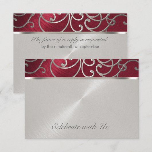 RSVP Card Elegant Rot und Silver Filigree Karte (Vorne/Hinten)