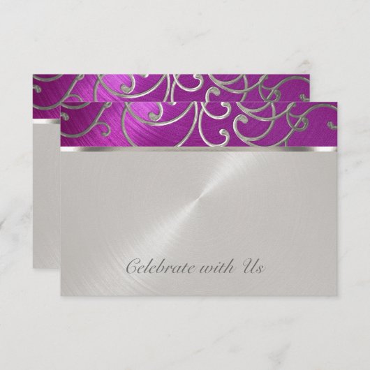 RSVP Card Elegante Himbeere Rosa Silber Filigree (Vorne/Hinten)