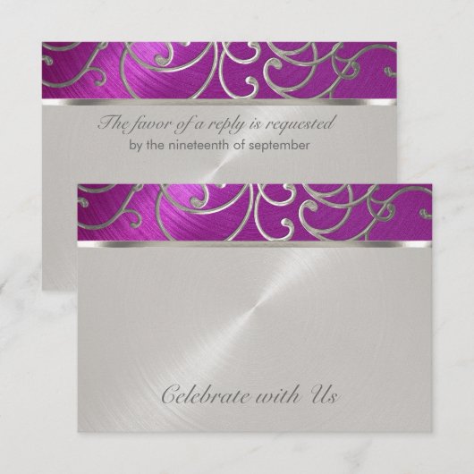 RSVP Card Elegante Himbeere Rosa Silber Filigree Karte (Vorne/Hinten)