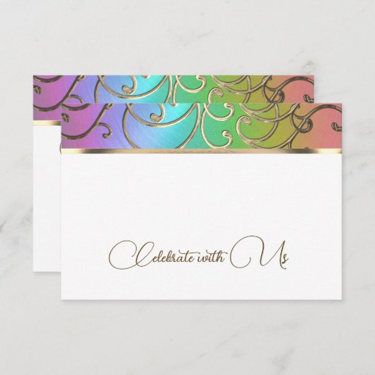 RSVP Card Eleganter Regenbogen und Goldene Filigre Einladung (Vorne/Hinten)