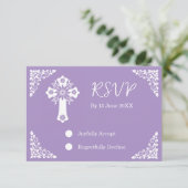 RSVP Card Floral Cross Christening Lilac (Stehend Vorderseite)