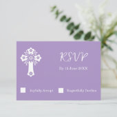 RSVP Card Floral Cross Christening Lilac (Stehend Vorderseite)