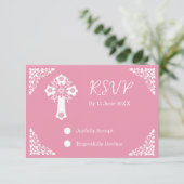 RSVP Card Floral Cross Christening Rose Pink (Stehend Vorderseite)