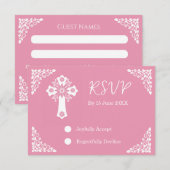 RSVP Card Floral Cross Christening Rose Pink (Vorne/Hinten)