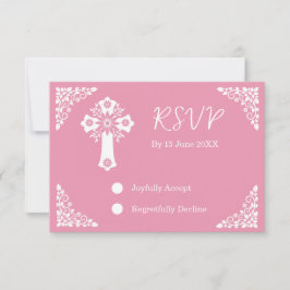 RSVP Card Floral Cross Christening Rose Pink Karte