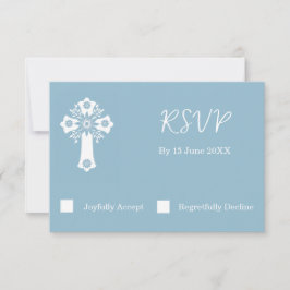 RSVP Card Floral Cross Christening Sky Blue