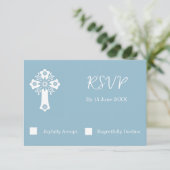 RSVP Card Floral Cross Christening Sky Blue (Stehend Vorderseite)