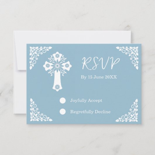 RSVP Card Floral Cross Christening Sky Blue (Vorderseite)