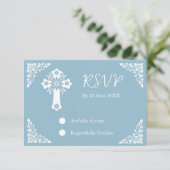 RSVP Card Floral Cross Christening Sky Blue (Stehend Vorderseite)