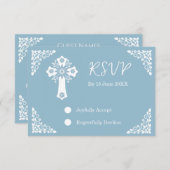 RSVP Card Floral Cross Christening Sky Blue (Vorne/Hinten)